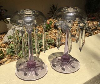Fine Vintage Pair Amethyst Glass Candlesticks With Bobeche & Prisms