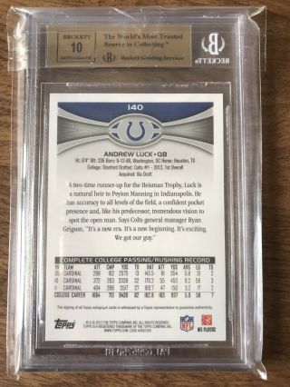 ANDREW LUCK 2012 TOPPS ROOKIE AUTOGRAPH RC 140 BECKETT 9.  5 With 10 AUTO RARE 3