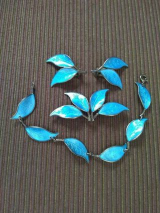 David Andersen Sterling Silver Blue Enamel Leaf Pin Brooch Earrings Bracelet Set