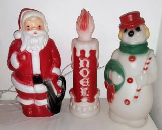 3 Vintage Empire Blow Mold Christmas 13 " Santa Snowman Noel Candle 1968 1970