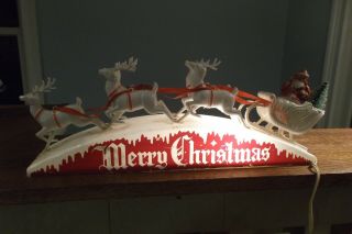 Vtg Hard Plastic Merry Christmas Lite - Up Santa,  Sleigh & Reindeer Royal Electric