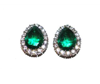Classic Ciner Flawed Emerald Rhinestone Clip Earrings,  Runway Mughal Couture Vtg