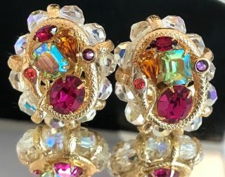 Vintage Kirks Folly Earrings Gold Tone Multicolored Crystals Designer Clip 8b