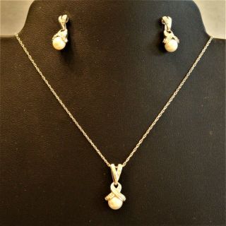 Vintage Oc 14k White Gold Pearl Diamond Pendant On Chain,  Earrings Set