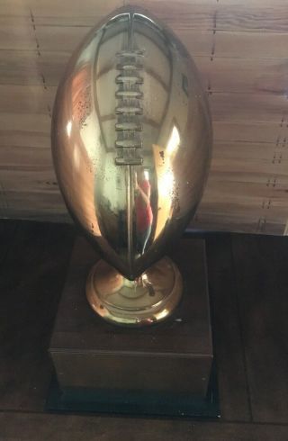 Vtg Large Game Ball Life Size Brass Football Trophy Wood Pedestal Plaque Detail