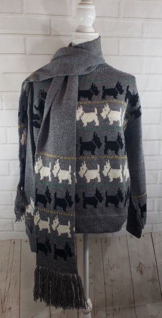 Sally’s Own Vtg Pure Wool Grey Scottish Terrier Sweater England Sz Large Women 