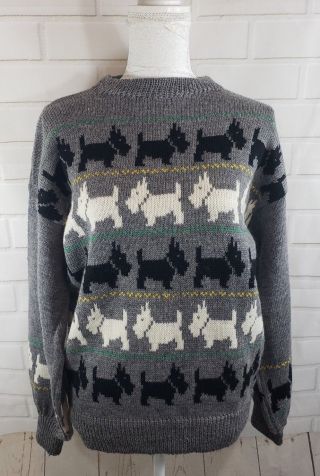Sally’s Own Vtg Pure Wool Grey Scottish Terrier Sweater England Sz Large Women ' s 2