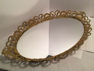 Vintage Filigree Vanity Tray Mirror Oval Brass Goldtone Mid Cent 26 "