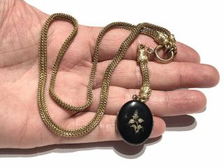 Antique Victorian Gold Filled Necklace Black Enamel Mourning Locket Pendant 18”