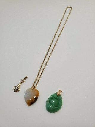 Vintage 14k solid yellow gold 3.  5 grams 20 ' rope chain jade jadeite pendant set 3