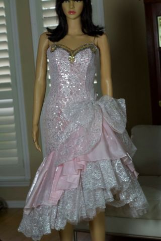 VTG LORALIE 80 ' s Pink/ Silver Lace Sequin Mermaid Prom Formal Dress Size 8 2