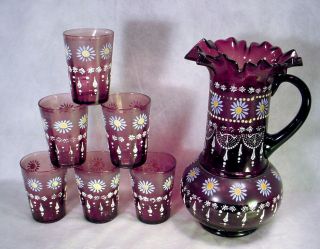 Vintage Amethyst Purple Glass Pitcher Tumbler Water Lemonade Set Hand Painted