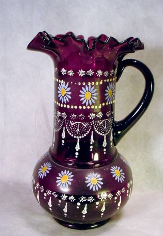 Vintage AMETHYST Purple Glass PITCHER TUMBLER Water LEMONADE SET Hand Painted 4