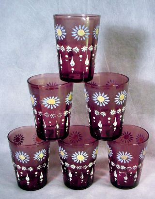 Vintage AMETHYST Purple Glass PITCHER TUMBLER Water LEMONADE SET Hand Painted 6