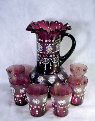 Vintage AMETHYST Purple Glass PITCHER TUMBLER Water LEMONADE SET Hand Painted 9