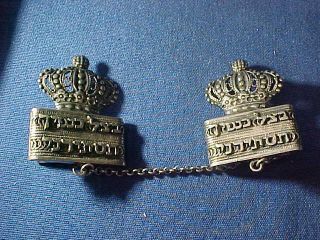 Vintage Sterling Silver Judaica Design Sweater Clips In Hebrew W Kings Crown