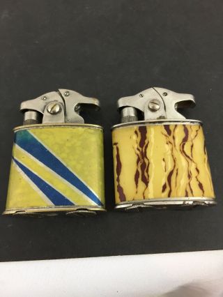 2 Vintage Unmarked Pocket Lighters With Interesting Mechanisms & Celluloid Wrap