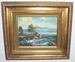 Vintage European Seascape Oil On Canvas Painting Unsigned Gold Gilt Frame Look