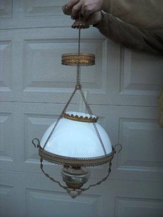 Antique Vintage Hanging Oil Kerosene Parlor Lamp Milk Glass Shade Victorian 14 "