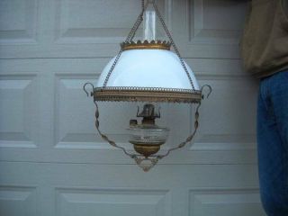 Antique Vintage Hanging Oil Kerosene Parlor Lamp Milk Glass Shade Victorian 14 