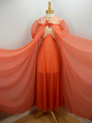 Vtg 50s 60s Vanity Fair Coral Orange Sheer Double Nylon Chiffon Peignoir Set S