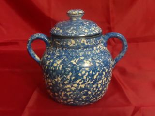 Vtg Stangl Town & Country Hand Painted Blue Sponge Bean Pot & Lid