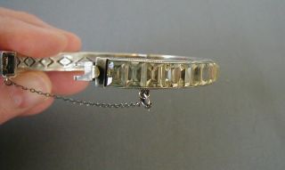 Old Art Deco Sterling Bangle Bracelet W/ Cut Crystal Glass Setting