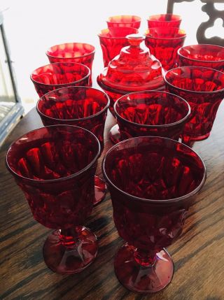 Vintage Ruby Red Depression Glass Compote/candy Dish - 12 Long Stem Goblets Diamo
