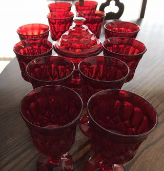 VINTAGE Ruby Red Depression Glass Compote/candy Dish - 12 Long Stem Goblets Diamo 3