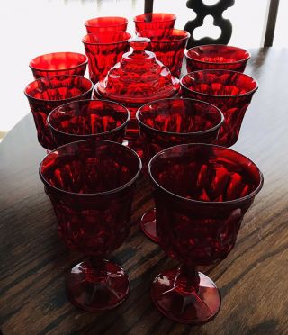 VINTAGE Ruby Red Depression Glass Compote/candy Dish - 12 Long Stem Goblets Diamo 5