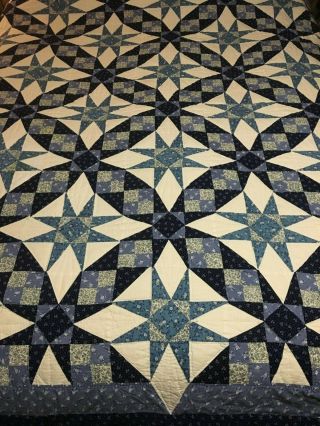 Vintage 8 Point Star Quilt Hand Stitched Blue And Off White 84 X 84