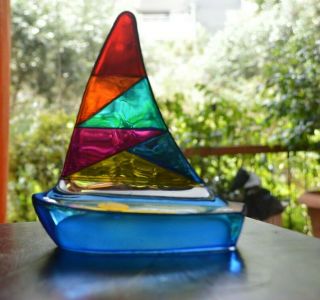 Vintage Murano Art Glass Sailing Boat Hand Painted Made In Venice Italy
