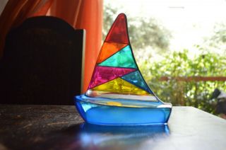 VINTAGE MURANO ART GLASS SAILING BOAT HAND PAINTED MADE IN VENICE ITALY 2
