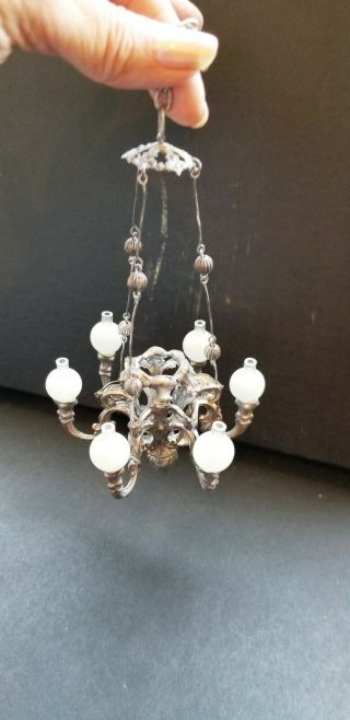 Antique Silver Metal 6 Arm Hanging Chandelier With Bristol Glass Shades