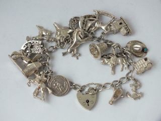 Solid Sterling Silver Charm Bracelet With Charms/ L 16 Cm/ 60 G