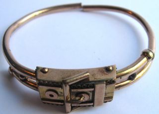 Antique Victorian Gold Tone Buckle Detail Hinged Bangle Bracelet