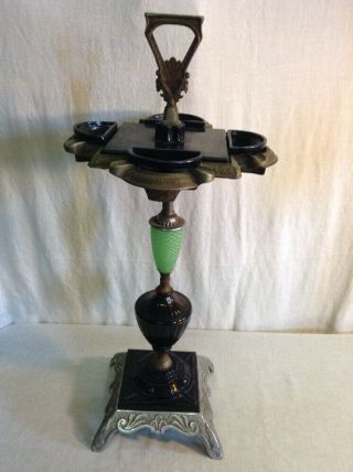 Vintage Antique Mid Century Smoking Stand Ashtray Cast Iron Jadeite Black Glass