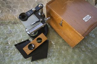 Vintage 1958 OLYMPUS D M,  Microscope,  Factory Wood Box,  complete kit 4