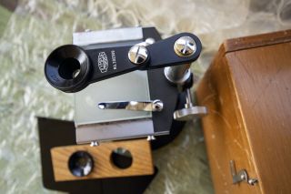Vintage 1958 OLYMPUS D M,  Microscope,  Factory Wood Box,  complete kit 6