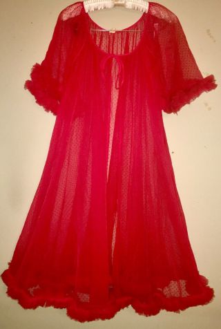 Vintage 60s Red Frilly Ruffles Peignoir Sheer Robe Wearas Nightgown M - L Unworn