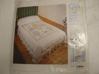 Vintage 1980 Country Colonial Cross Stitch 90 " X 103 " Double Bed Cut Size