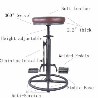 Vintage Bar Stool Industrial Swivel PU Seat&Iron Pedal Height Adjustable 30 - 38 