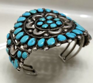 VINTAGE NAVAJO STERLING SILVER TURQUOISE CLUSTER CUFF BRACELET 12