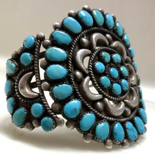 VINTAGE NAVAJO STERLING SILVER TURQUOISE CLUSTER CUFF BRACELET 2