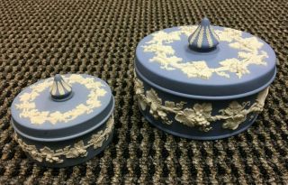 Wedgwood Vintage Jasperware Blue Grapevine Covered Candy Dish/ Box - Set Of Two