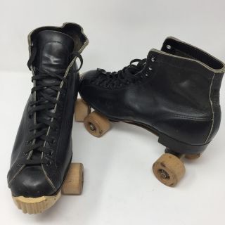 Vtg Chicago Black Leather Wood Wheels Skates Size 7 87 Sp Wooden Rink Skate