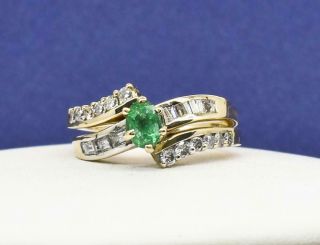 $2,  199 Vintage 14k Gold 1.  10ctw Emerald & Old Cut Diamond Wedding Set