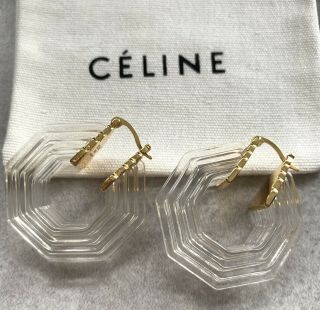 Celine Paris Signed Art Deco Clear Lucite Hoop Earrings With Dust Bag