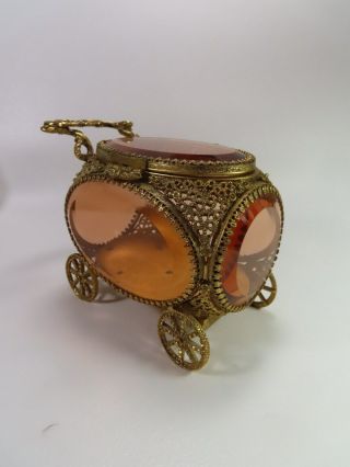Vtg Carriage Trinket Box Casket W/ Beveled Amber Glass Ormolu Filigree