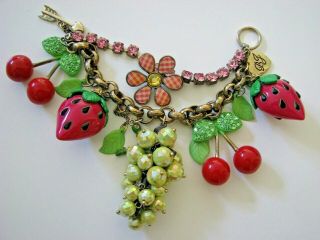 Betsey Johnson Vintage Picnic Strawbery Cherry Worm Grape Charm Bracelet Rare